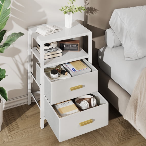 Bedside Table, Modern Nightstand with 2 Foldable Fabric Drawers and Dual Layer Shelves, for Bedroom Living Room Office Entryway Hallway White