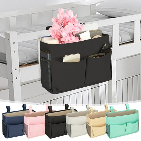 Bedside Table Organizer Storage Bag with Large Capacity, Multiple Pockets for Phone, Planner & Essentials, Hanging Dormitory Bunk Bed Storage, 2 Straps Closure UKHBMC | Black