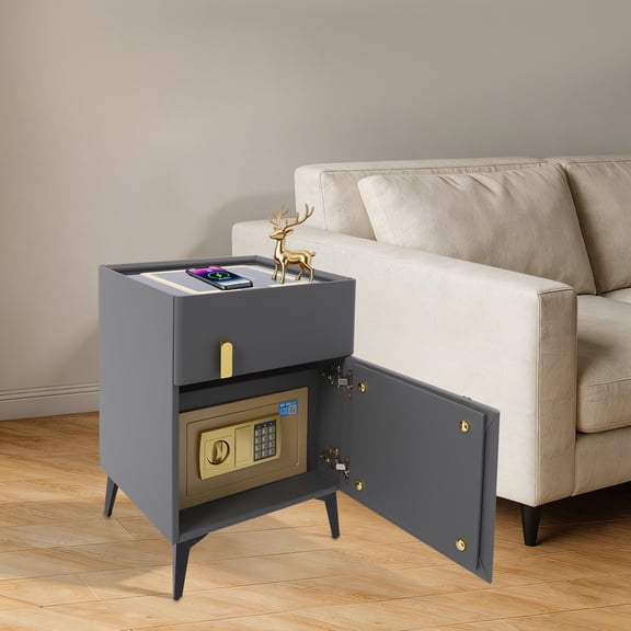 Bedside Table, Phone Charging Bedside Cabinet, Bedside Cabinet with Safe, Combination Lock