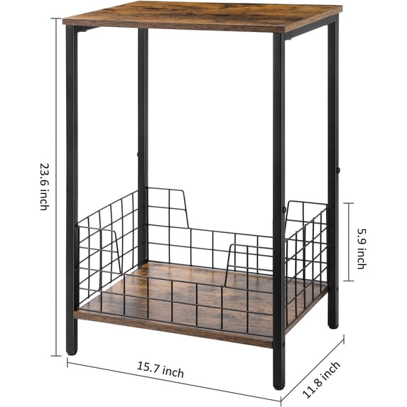 Bedside Table Set of 2, 2 Tier Narrow Side Table for Bedroom with Grid, Bedside Table for Bedroom, Living Room, Sofa Couch, Brown