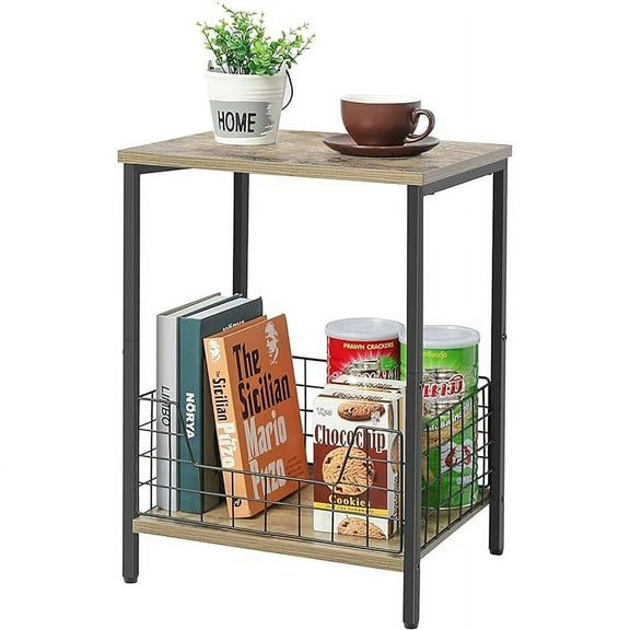 Bedside Table Set of 2, 2 Tier Narrow Side Table for Bedroom with Grid, Bedside Table for Bedroom, Living Room, Sofa Couch, Gray