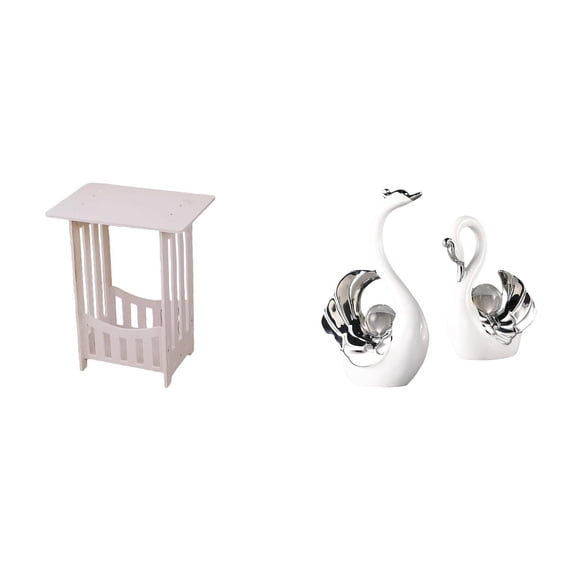 Bedside Table Side Table End Table PVC Wood Construction with Ceramic Swan Statue for Living Room Lounge Decor