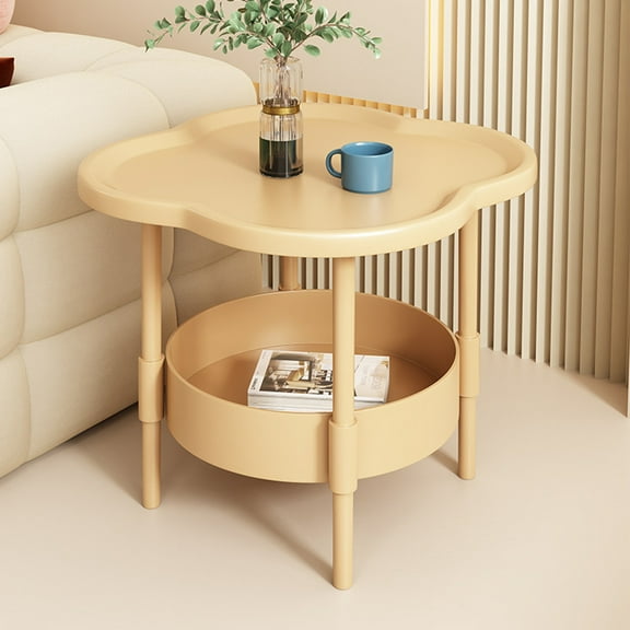Bedside Table, Small End Table for Living Room - Mini Sofa Side Table with Double Layer Storage, Plastic Mobile Nightstand for Small Spaces, Curved Edge Furniture, Beige, 19.3x18.1x12.6in