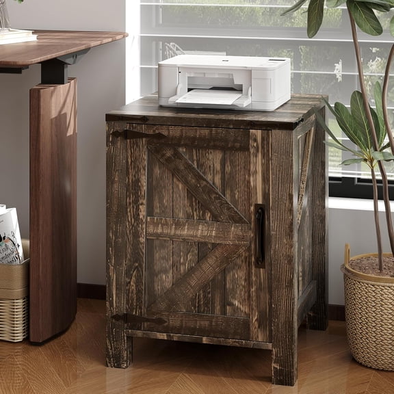 Bedside Table with USB Charging Station – 18" Rustic End Table with Sliding Barn Door, Adjustable Shelf, Two-Tier Storage – Bedroom/Living Room, Dark Brown