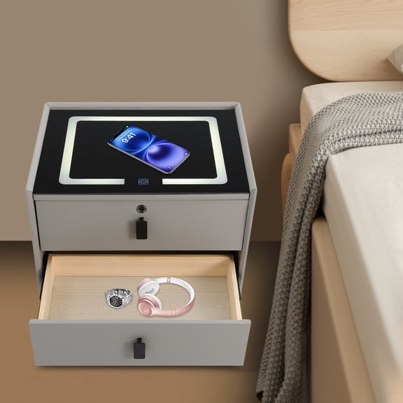 Bedside Table W/Wireless Charging Bluetooth Speaker Smart Nightstand W/Light&USB