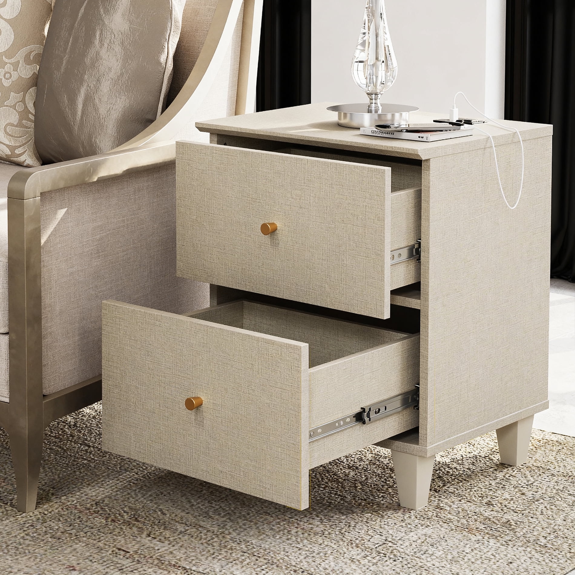 Bedside Table with 2 Deep Drawers and Charging Station, Nightstand for Bedroom, Beige Gray