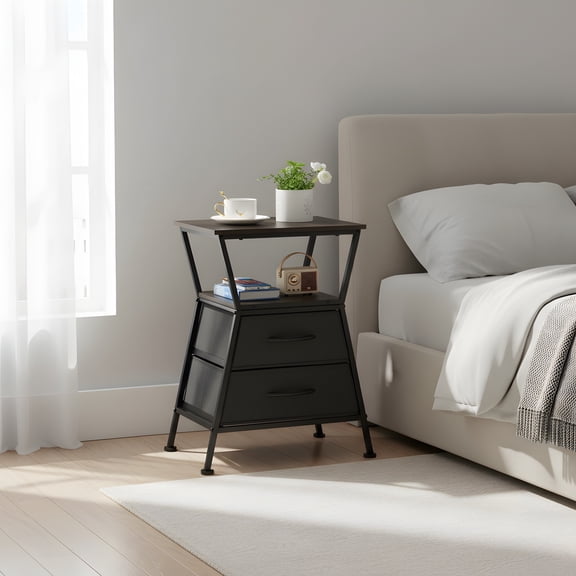 Bedside Table with 2 Fabric Drawers - Modern End Table for Bedroom