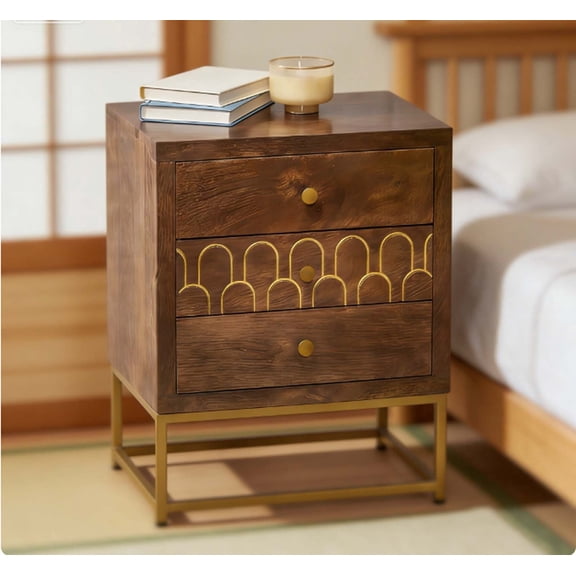 ivlere Bedside Table with 3 Drawers & USB Ports, Farmhouse Antique Nightstand, Rustic Mango Wood Side Table with Gold Accents, Easy Assembly