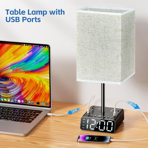 Bedside Table with Alarm Clock, 3 Color Temperatures, USB C/ Ports, AC Outlet, for Kids Room, Living Room, Dorm
