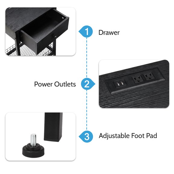 Bedside Table with Chargers, High Side Table with Drawers and Mesh Basket, Rustic Bedside Table for Bedrooms, Living Rooms, Small Spaces, Black