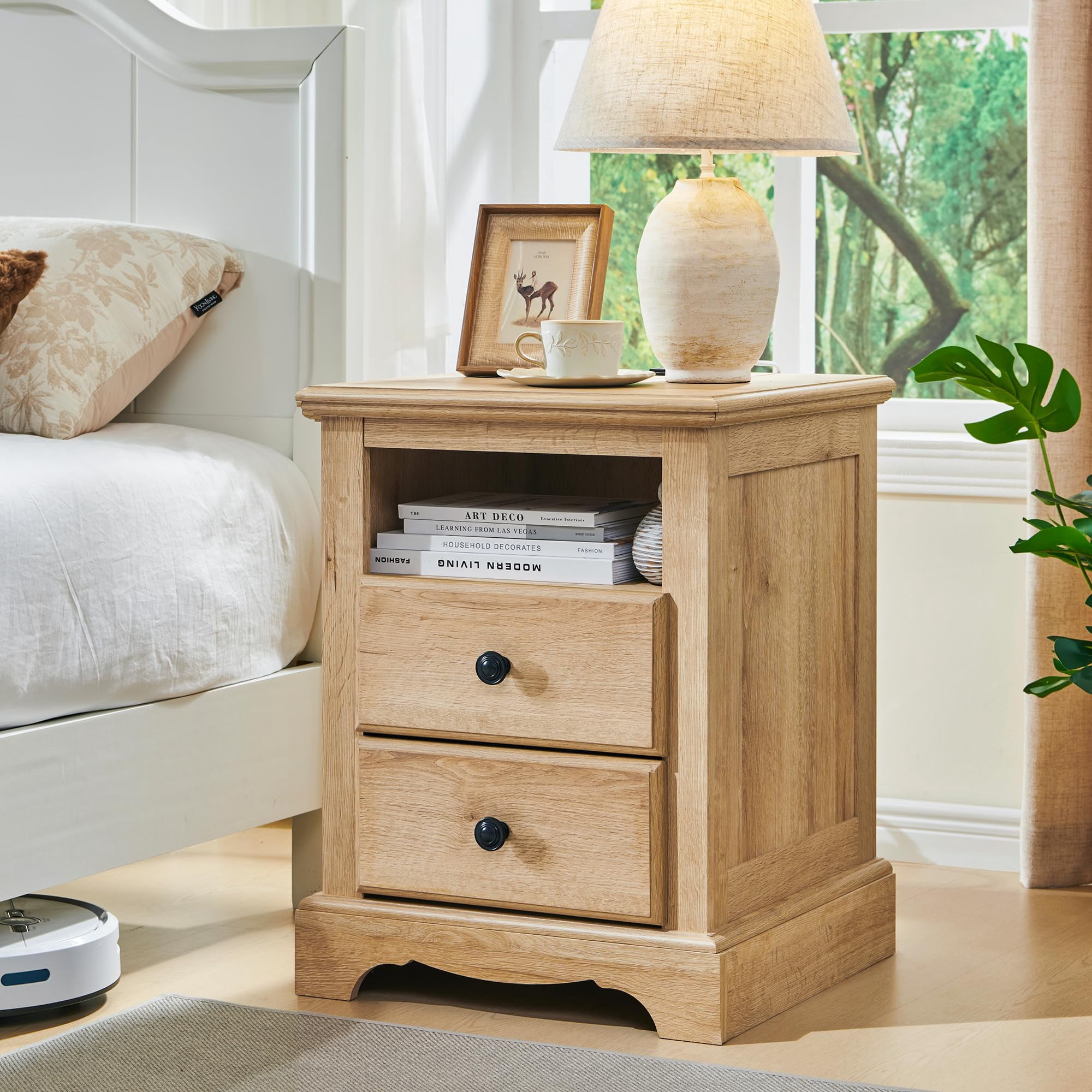 Bedside Table with Charging Function, 18 Inch Rustic Nightstand, Vintage Design with 2 Drawers and Open Shelf, Natural Oak Finish