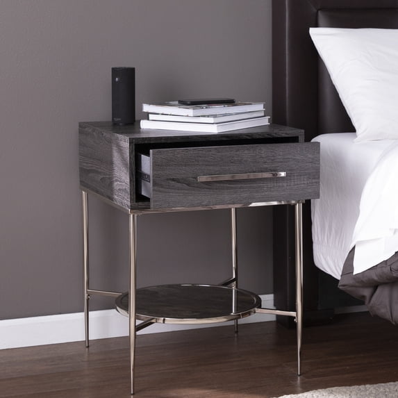 Bedside Table with Drawer & Glass Shelf - Faux Marble Top & Gold Frame - 19.25" W x 19.25" D x 26" H