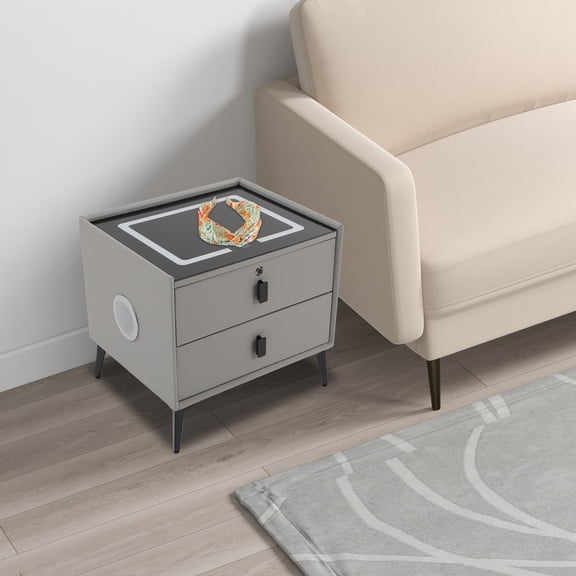 Bedside Table with Drawers, Bluetooth Speaker Smart Bedside Table, Bedside Table with Light USB& Wireless Chargin