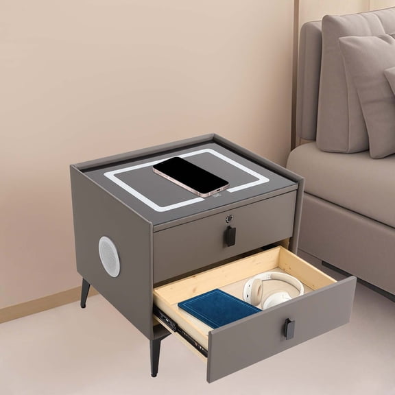 Bedside Table with Drawers, Bluetooth Speaker Smart Bedside Table, Bedside Table with Light USB& Wireless Charging