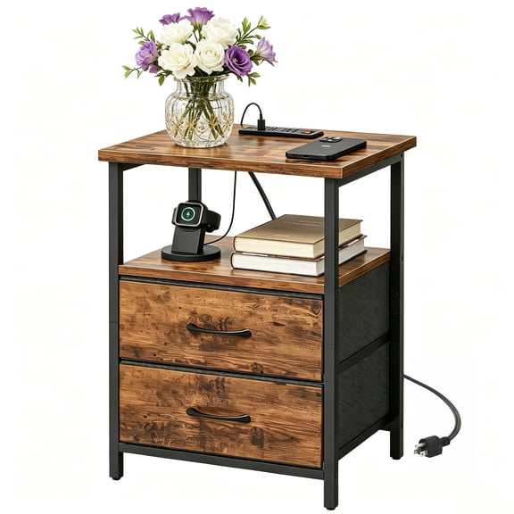 Behome Nightstand with Charging Station, Bedside Table with Storage, End Tables with USB Ports and Outlets for Bedroom, Living Room,Rustic Brown