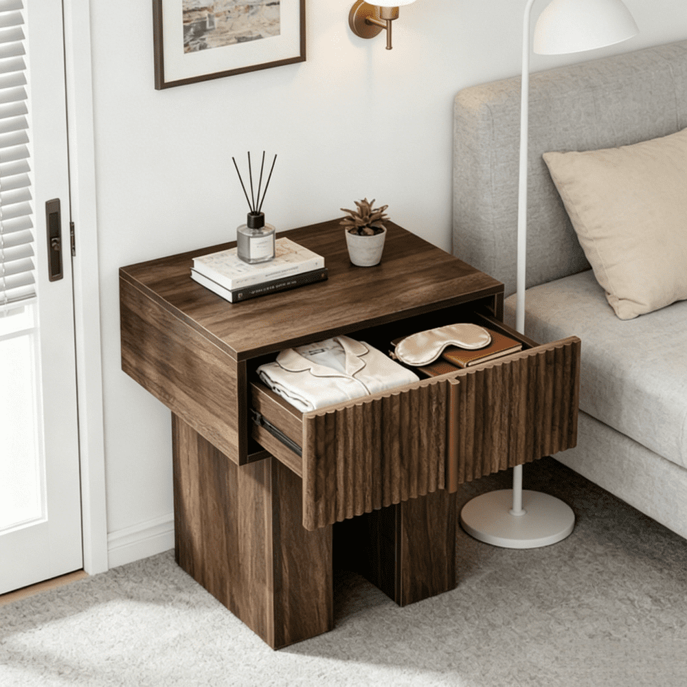 Table Blocky Bedside Tables Nightstand Wood Grain Textured Drawer Front Blocky ...