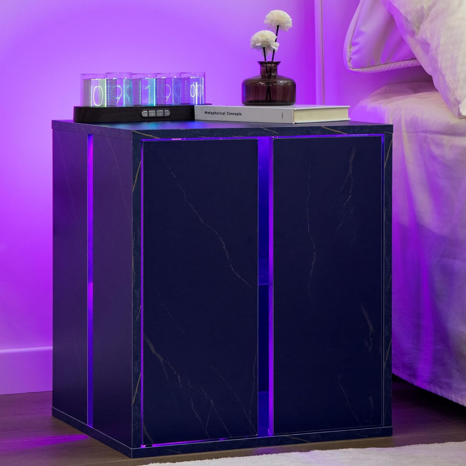 Bedside Tables with LED Farmhouse Gray Nightstand Tables with Glass
