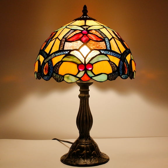 Bedside Tiffany Table Lamp Orange Stained Glass Flower Liaison Luxurious Style Reading Desk Banker Light 18" Tall Living Bedroom Hotel Victorian Vintage Memory Sympathy LED Bulb Included