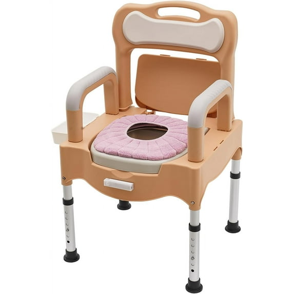 Bedside Toilet for Seniors, Adjustable Height 16.3in-21.2in, Toilet with Tissue Box, Support up to 550lbs, Commode Chair Adult Potty Chair for Home Use (Khaki, With Night Light)