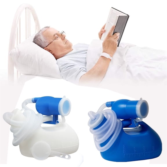Bedside Urinal, Portable Urinal, Plastic Container with Lid, Male Urinal with Hose, Spill Proof, Patient Urinal, Hospital Grade, Incontinence Care, Blue 1 Set