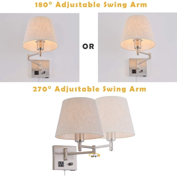 Bedside Wall Mount Light with Dimmable Switch and Outlet, Swing Arm Fabric Shade Wall Sconce Light with USB Port and Plug in Cord, Satin Nickel Wall Lamp for Bedroom, Living Room and Hotel