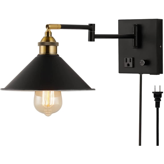 Bedside Wall Mount Light with Dimmable Switch and Outlet, Swing Arm Metal Shade Wall Sconce Light with USB Port and Plug in Cord, Black Wall Lamp for Bedroom, Living Room and Hotel