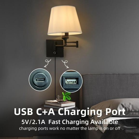 Bedside Wall Mount Light with Dimmable Switch and USB C+A Charging Port, Swing Arm Fabric Shade Wall Sconce Light with Plug in Cord, Black Wall Lamp for Bedroom, Living Room and Hotel