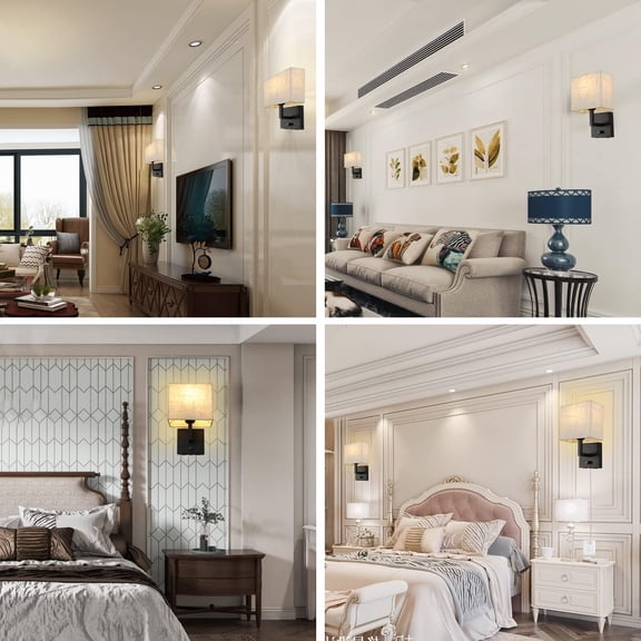 Bedside Wall Mount Light with Dimmer Switch and Two USB Charging Port, Fabric Linen Shade Wall Sconces Light with Plug in Cord, Black Wall Lamp Perfect for Bedroom, Living Room and Hotel
