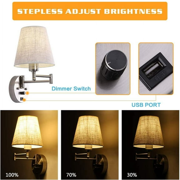 Bedside Wall Mount Light with Dimmable Switch and USB Port, Swing Arm Fabric Shade Wall Sconce Light for Bedroom, Living Room, and Hotel
