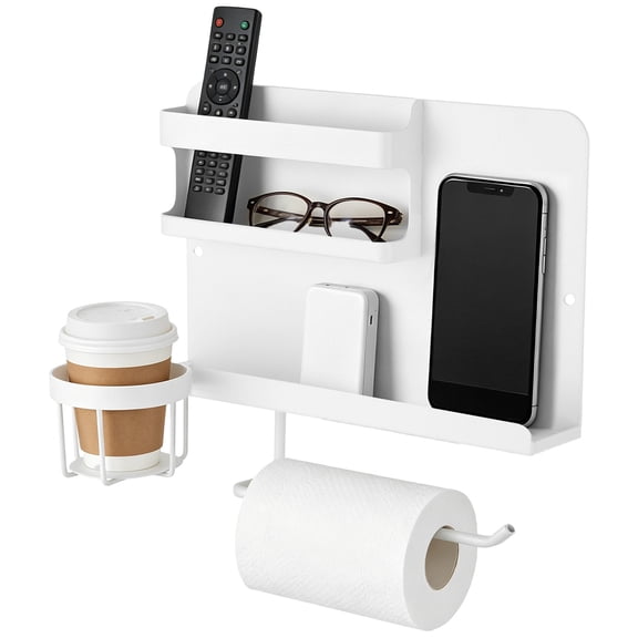 Bedside Wall Organizer, Floating Wall Shelf with Tissue Rack, Cup Holder and Remote Slot, Adhesive & Drill Mount Storage Shelf, Multipurpose Organizer for Dorm Room, White
