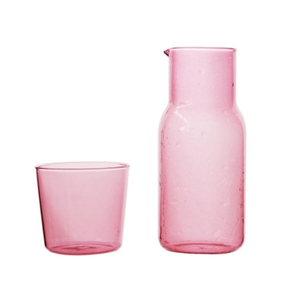 Bedside Water Carafe and Glass Set, 24 OZ Glasses Pitcher & 7.5 OZ Cup, Bedside Night Carafe Pitchers and Water Glass Tumbler Set, Glass Water Pitcher with Cup Set for Bedroom,Pink