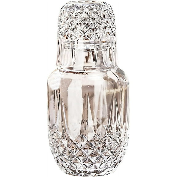 Bedside Water Carafe and Glass Set : Glass Water Bottles with Cup,Water Carafe with Cup Suitable for Juice, Milk, Coffee, Tea or Cocktail,540ml (Diamond Pattern)
