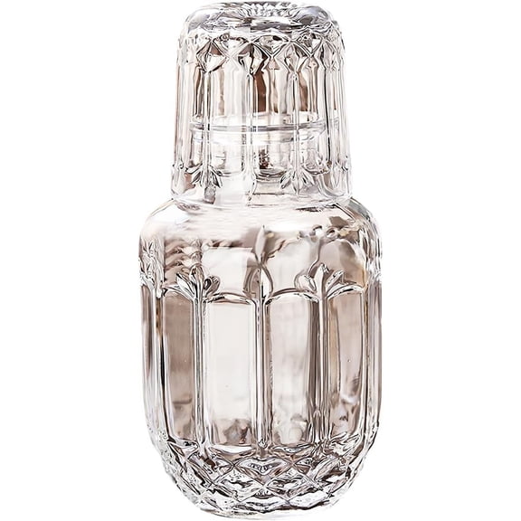 Bedside Water Carafe and Glass Set : Glass Water Bottles with Cup,Water Carafe with Cup Suitable for Juice, Milk, Coffee, Tea or Cocktail,540ml (Grass Pattern)