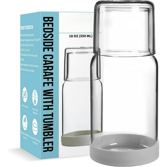 Bedside Water Carafe and Glass Set, Night Bedside Carafe with Silicone Coaster, Water Carafe with Glass Cup for Nightstand Bedroom, Lead-free and Clear Mouthwash Dispenser for Bathroom, 18 OZ