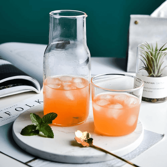 Bedside Water Carafe and Glass Set, Night Water Carafe Set,Mouthwash Bottle Clear Glass Pitcher for Ice Tea Beverage for Bedroom Nightstand Bathroom Drink Kitchen 500mL (Transparent)