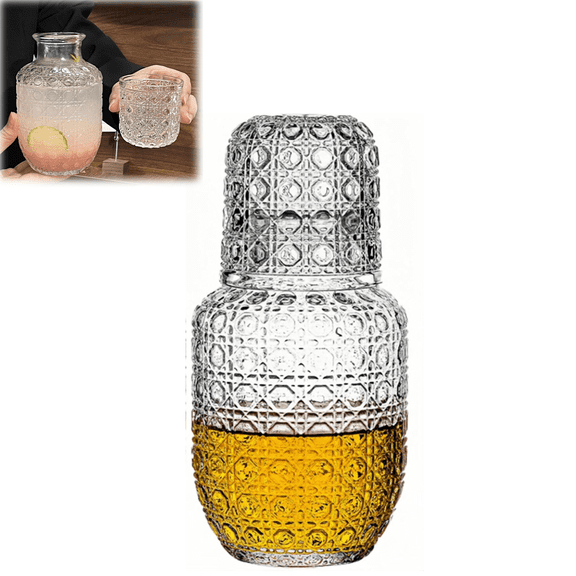 Bedside Water Carafe Set with Tumbler Glass, 15oz Pitcher and 5.5oz Cup for Nightstand, Gemstone Pattern Decanter for Bedroom Bathroom, Mouthwash Dispenser Set(wwx)