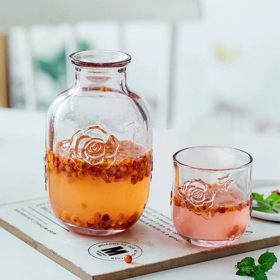 Bedside Water Carafe with Tumbler, 16oz Vintage Nightstand Glass Pitcher with 5oz Cups, Vintage Flower Design Clear Mouthwash Decanter for Bedroom Nightstand Kitchen Fruit Juice