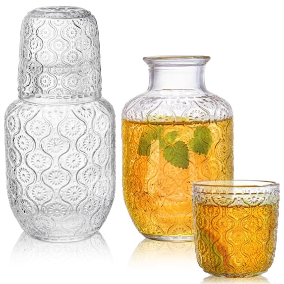 Bedside Water Carafe and Glass Set, 17 Oz Glass Pitcher with 5 Oz Tumbler Cup, Vintage Night Water Carafe for Bedroom