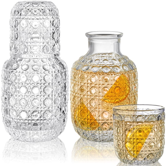 Bedside Water Carafe and Glass Set, 17 Oz Glass Pitcher with 5 Oz Tumbler Cup, Vintage Night Water Carafe for Bedroom