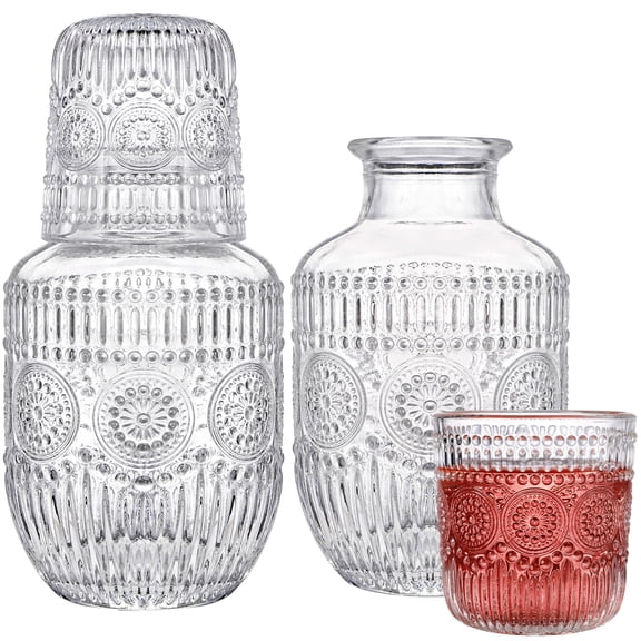 Bedside Water Carafe and Glass Set, 17 Oz Glass Pitcher with 5 Oz Tumbler Cup, Vintage Night Water Carafe for Bedroom