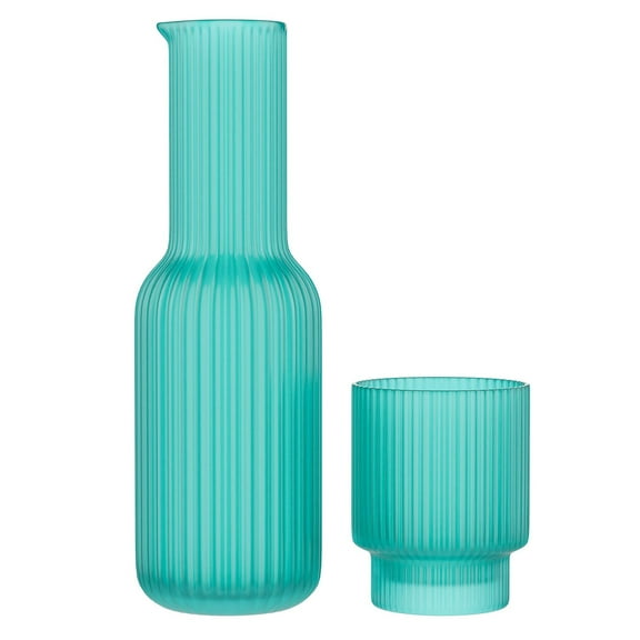 Bedside Water Night Set Carafe with Tumbler Glass; Easy Pour Spout for No Mess Use in Bedroom, Office, Kitchen; 30 oz Capacity Carafe with a 12 oz Tumbler, 3.4x 10H; Ribbed Pitcher; Aqua Blue