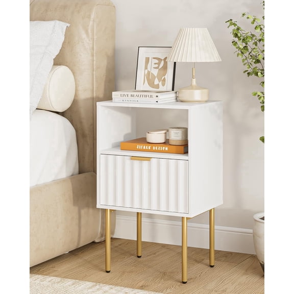 Bedside cabinet, contemporary bedside table, gold-toned frame, white bedside cabinet, bedside furniture, modern side table with drawers and shelves, suitable for bedrooms and living rooms.