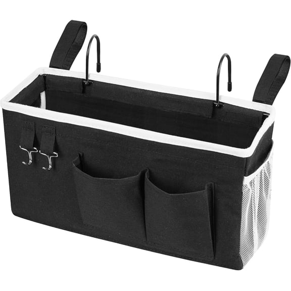 Bedside storage bag, double-layer dorm bed rail hanging organizer | Bedside storage box with hooks, suitable for upper bunks and dorm life.