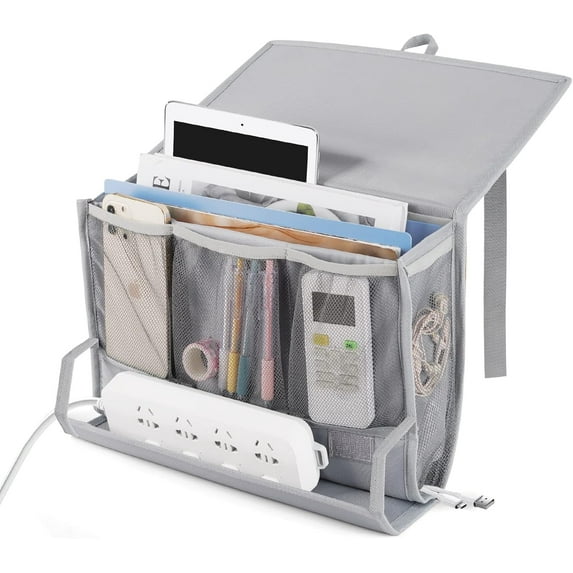 Bedside storage organizer, with power socket holder and adjustable strap