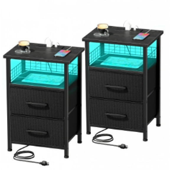 Bedside table,Nightstand Set Of 2 With Charging Station, Night Stand With LED Lights And Drawer, Side Tables Bedroom, End Table With USB Ports And Outlets For Living Room, Office