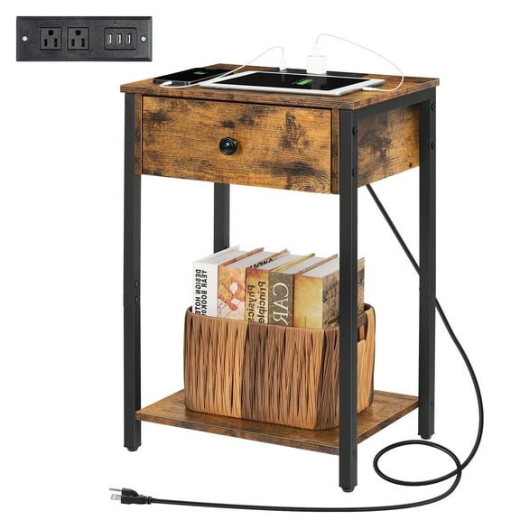 Bedside table with charging station and USB interface / bedside table with drawers and storage shelves 2-tier end table for small spaces Suitable for bedrooms, living room
