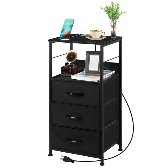 Bedside table with drawers End table with charging station Bedroom side table with USB port and socket 3-storey high bedside frame with fabric drawers for living room, dormitory