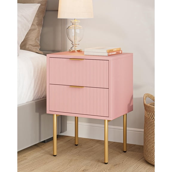 Bedside table, mid-century modern style bedside cabinet with two storage drawers, featuring a gold-trimmed edge, suitable for bedrooms and living rooms.