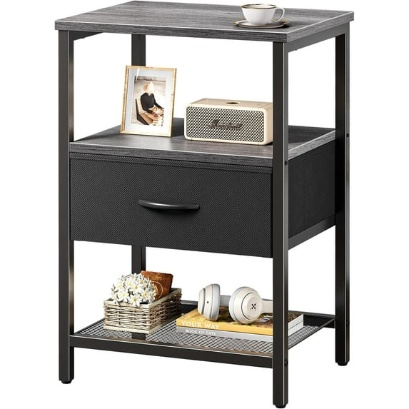 Bedside tables (set of 2), bedside tables with fabric drawers, mesh shelves, side tables with storage, fabric drawer dresser, open shelves, metal frame, bedroom, rustic brown