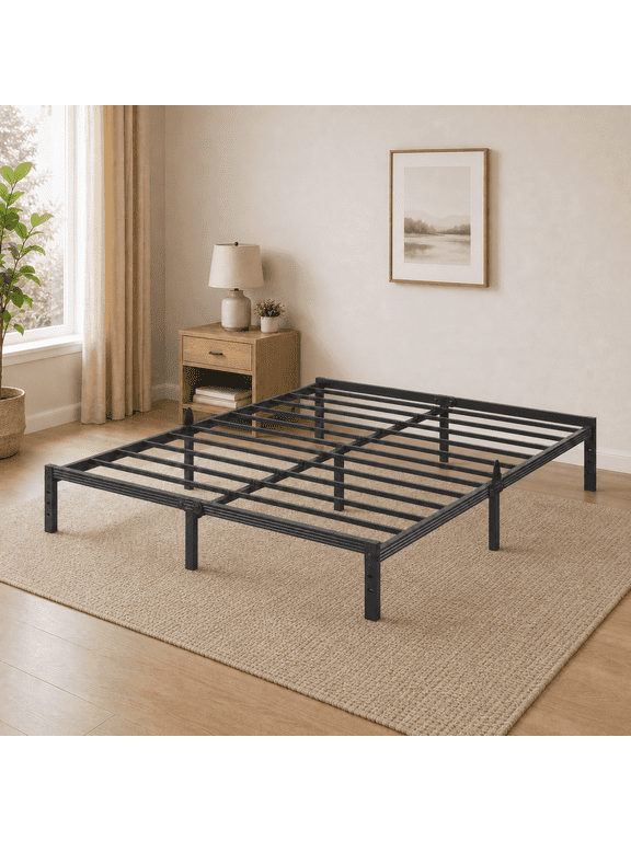 14" Queen Bed Frame, Heavy Duty Metal Platform Bed Frame with Mattress Retainer Brackets, No Box Spring Needed, Black